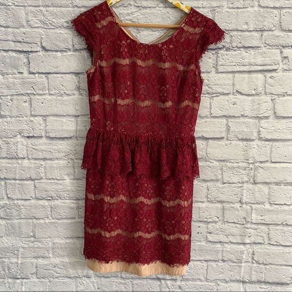 Maeve Anthropologie Burgundy Red Elsa Peplum Lace Dress Size Medium - Picture 2 of 5